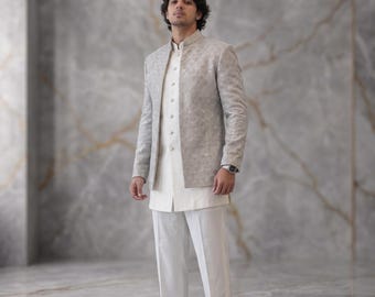 Grooms Silver Pearl Sequin Embellished Prince Coat | Handmade Wedding Reception Blazer | Bandhgala Diamond Custom Jacket Men XS-XXL