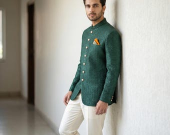 Allover Sequin Embellished Emerald Green Prince Coat | Handmade Groom Wedding Reception Jacket | Custom Bandhgala Formal Suit Men XS-XXL
