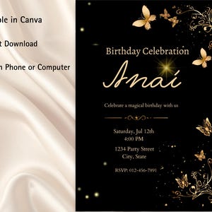 Puede incluir: Invitación de cumpleaños negra con mariposas doradas y texto. La invitación dice "Birthday Celebration Anai" e incluye los detalles del evento. La invitación mide 12,7 x 17,8 cm y se puede editar en Canva.