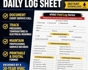 HVAC Technician Daily Log Sheet | Fillable PDF Service Call Form | HVAC Maintenance & Diagnostic Worksheet