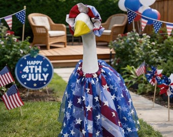 Set di abbigliamento patriottico per oca da giardino con bandiera USA, gonna in tulle a stelle e strisce e cappello per oca da 23 pollici, decorazione per portico e giardino, costume per oca domestica.