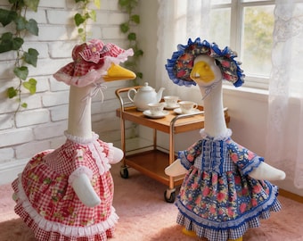 23 Inch Porch Goose Lolita‑Style Dress, Ruffle Floral Lace Outfit With Matching Bonnet Hat, Goose Statue Clothing, Indoor & Garden Decor