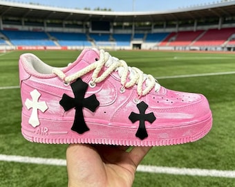 Custom AF1 Pink Cross Hand-Painted Low-Top Sneakers | Gothic Streetwear Footwear