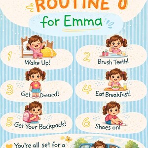 May include: A colorful illustration depicts a child's morning routine. The steps include waking up, brushing teeth, getting dressed, eating breakfast, getting a backpack, and putting on shoes. The text reads "Morning Routine for Emma."