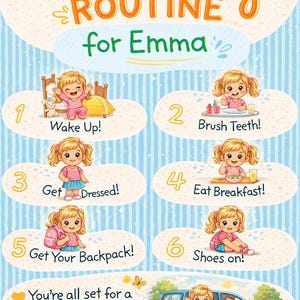 May include: A colourful illustration of a child's morning routine, featuring steps like waking up, brushing teeth, and getting dressed. The text "Morning Routine for Emma" is displayed at the top, with a blue car at the bottom.