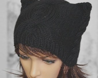 Mütze Cat.Damen Beanie ''Black Cat''! Handgestrickt,ohne Naht.Stricken Sie schwarze Mütze Ohrenmütze Katze Erhältlich in vielen Farben.