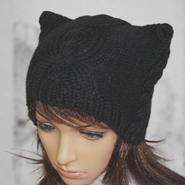 Casquette Bonnet Cat.Ladies « Black Cat » ! Tricoté à la main, sans couture. Bonnet noir en tricot avec oreilles de chat Disponible dans de nombreuses couleurs.