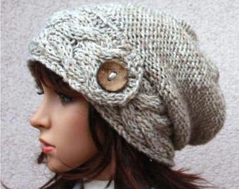 Hand Knitted Slouchy Beanie: Women's Warm Winter Button Hat