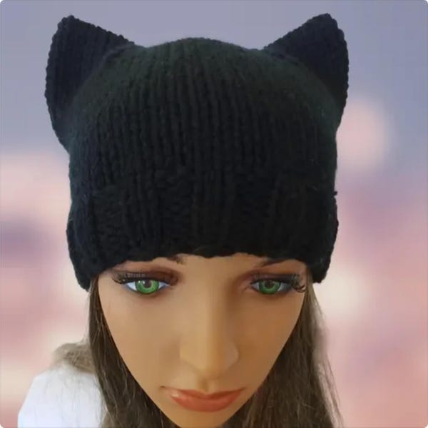 Gorro de gato negro tejido a mano: gorro sin costuras para mujer
