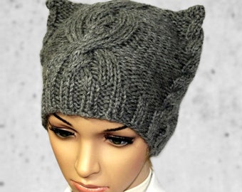 Hat Cat.Ladies beaniet ''Grey Cat'' with pattern! Hand knitted, seamless.Knit  Hat Cat Ears. Available in many colours.