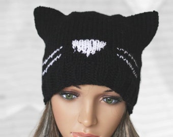 Casquette Bonnet Cat.Ladies « Black Cat » ! Tricoté à la main, sans couture. Bonnet noir en tricot avec oreilles de chat Disponible dans de nombreuses couleurs.