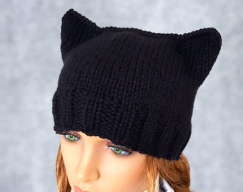 Hat Cat.Ladies beanie ''Black Cat''! Hand knitted, seamless.Knit black Hat Cat Ears Hat Cat  Available in many colours.