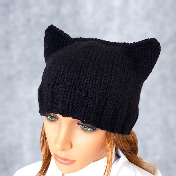 Casquette Bonnet Cat.Ladies « Black Cat » ! Tricoté à la main, sans couture. Bonnet noir en tricot avec oreilles de chat Disponible dans de nombreuses couleurs.