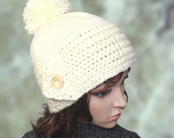 Chunky knit hat. Hand knitted ladies beanie with a wooden button. A lovely bobble hat for women. Ready for shipping.