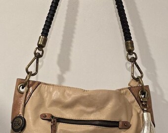 The Sak Indio Leather Sahra  Bloc Beige Black & Tan Shoulder Bag with Tassel Y2K