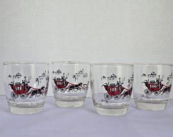 Set of 4 Vintage Horse-Drawn Carriage Glasses Libby Glass Company Barware