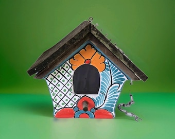 Vtg Talavera Pottery Birdhouse Mexican Handpainted Ceramic Hanging 8"x9"x8"