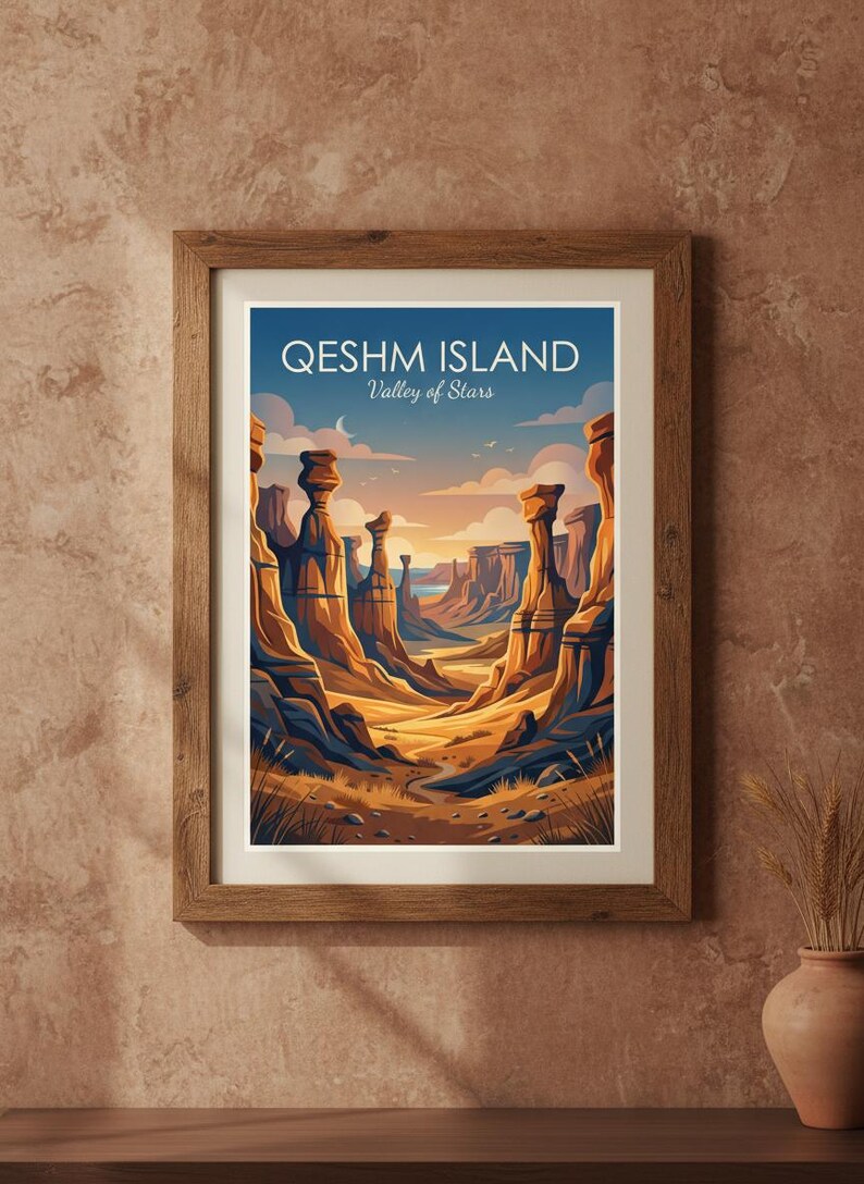 May include: Framed art print depicting Qeshm Island's Valley of Stars. The image shows towering rock formations in shades of orange and brown under a blue sky. The print is in a wooden frame, suitable for home decor.