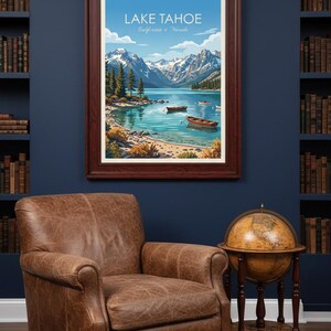 May include: A framed print of Lake Tahoe, California & Nevada, with a serene lake scene, mountains, and boats. The print hangs above a leather armchair and a globe on a wooden stand, set against a dark blue wall.