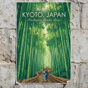 May include: A poster featuring a vibrant illustration of the Arashiyama Bamboo Grove in Kyoto, Japan. The image shows a path winding through tall, green bamboo stalks, with two figures in traditional Japanese attire walking along the path. The text "KYOTO, JAPAN" is at the top.