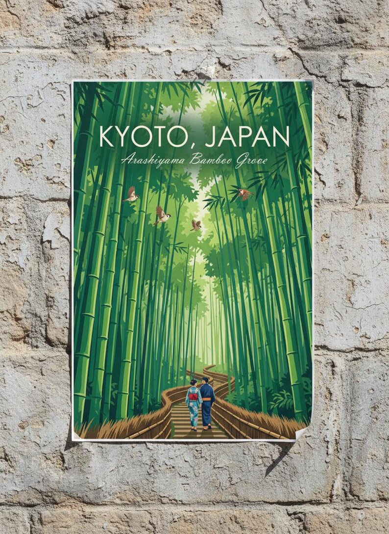 May include: A poster featuring a vibrant illustration of the Arashiyama Bamboo Grove in Kyoto, Japan. The image shows a path winding through tall, green bamboo stalks, with two figures in traditional Japanese attire walking along the path. The text "KYOTO, JAPAN" is at the top.