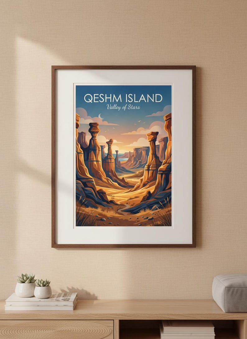 May include: A framed art print featuring a landscape illustration of Qeshm Island Valley of Stars. The image displays tall, weathered rock formations in shades of orange and brown under a blue sky with clouds and a crescent moon.
