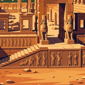 May include: Illustration of an ancient architectural complex in shades of brown and orange. The artwork depicts detailed carvings, statues, and structures, including winged figures and columns, evoking a sense of history and grandeur.