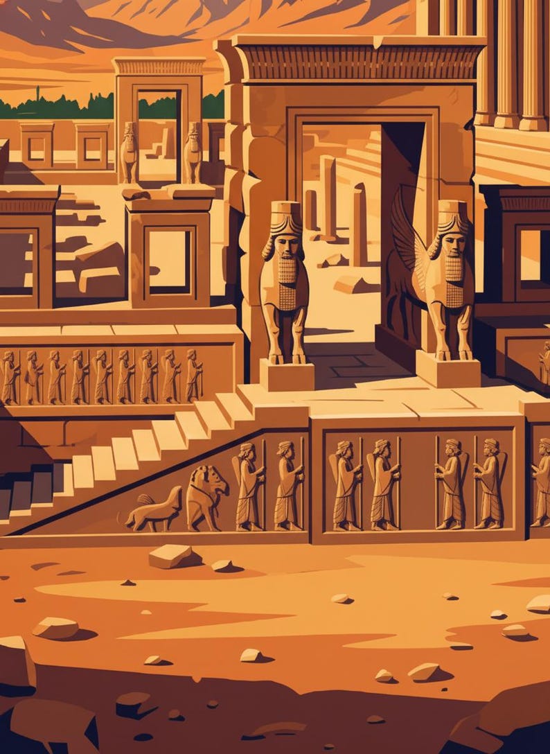 May include: Illustration of an ancient architectural complex in shades of brown and orange. The artwork depicts detailed carvings, statues, and structures, including winged figures and columns, evoking a sense of history and grandeur.