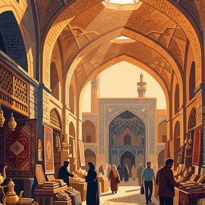 K&ouml;nnte beinhalten: Illustration eines belebten Marktes mit gew&ouml;lbter Architektur und detaillierten Designs. Die Szene wird von Sonnenlicht erhellt, mit Menschen, die einkaufen. Teppiche und Textilien werden ausgestellt, was auf einen Markt f&uuml;r Kunsthandwerk und Inneneinrichtung hindeutet.