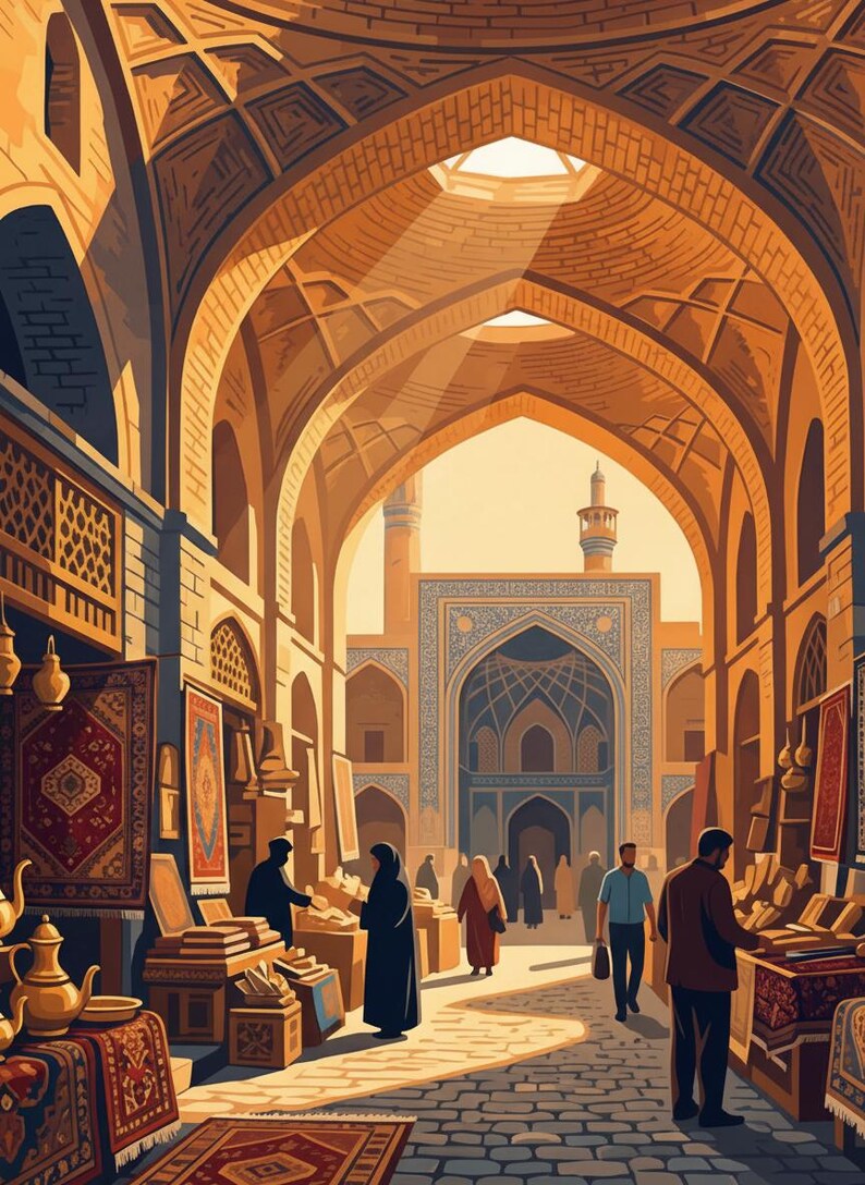 K&ouml;nnte beinhalten: Illustration eines belebten Marktes mit gew&ouml;lbter Architektur und detaillierten Designs. Die Szene wird von Sonnenlicht erhellt, mit Menschen, die einkaufen. Teppiche und Textilien werden ausgestellt, was auf einen Markt f&uuml;r Kunsthandwerk und Inneneinrichtung hindeutet.