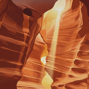 May include: A poster featuring a stylized illustration of Antelope Canyon in Arizona, USA. The artwork depicts towering, smooth orange sandstone rock formations with a bright beam of light shining down into the narrow slot canyon passage.