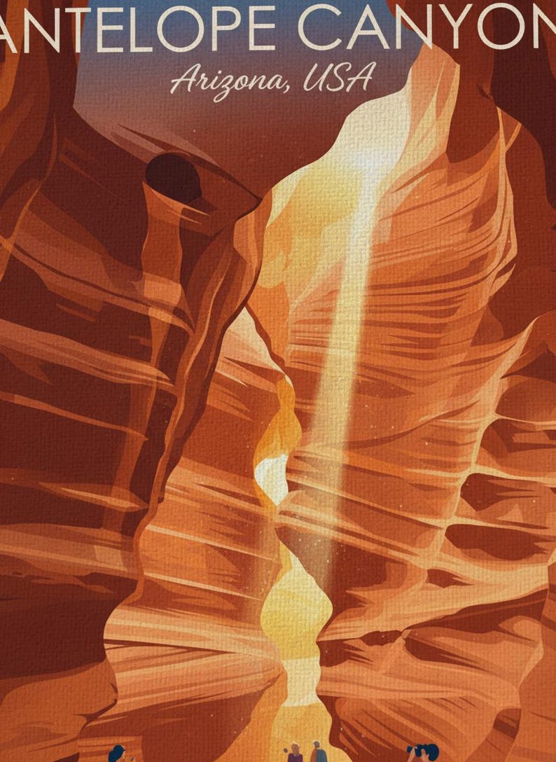 May include: A poster featuring a stylized illustration of Antelope Canyon in Arizona, USA. The artwork depicts towering, smooth orange sandstone rock formations with a bright beam of light shining down into the narrow slot canyon passage.
