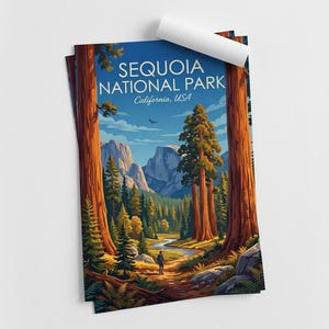Op de afbeelding: Een poster met een schilderachtige illustratie van Sequoia National Park in Californi&euml;, VS. Het kunstwerk toont torenhoge sequoia's, een kronkelende rivier en een persoon die op een pad loopt, onder een blauwe lucht. De poster heeft de naam van het park erop.