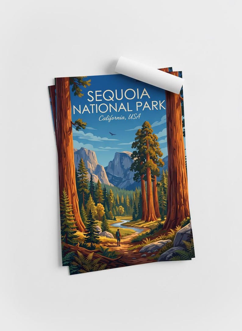 Op de afbeelding: Een poster met een schilderachtige illustratie van Sequoia National Park in Californi&euml;, VS. Het kunstwerk toont torenhoge sequoia's, een kronkelende rivier en een persoon die op een pad loopt, onder een blauwe lucht. De poster heeft de naam van het park erop.