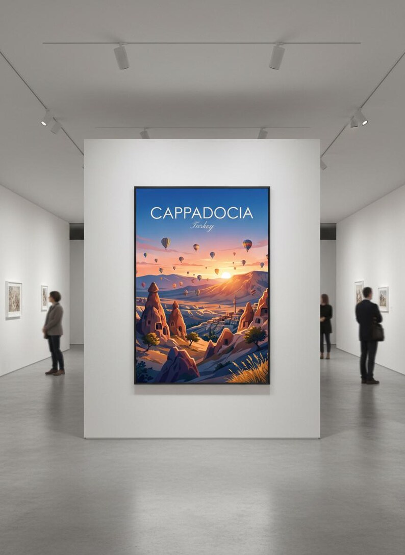 May include: A framed art print of Cappadocia, Turkey, featuring a vibrant sunrise with hot air balloons. The artwork depicts unique rock formations and a colorful sky, displayed in a gallery setting.