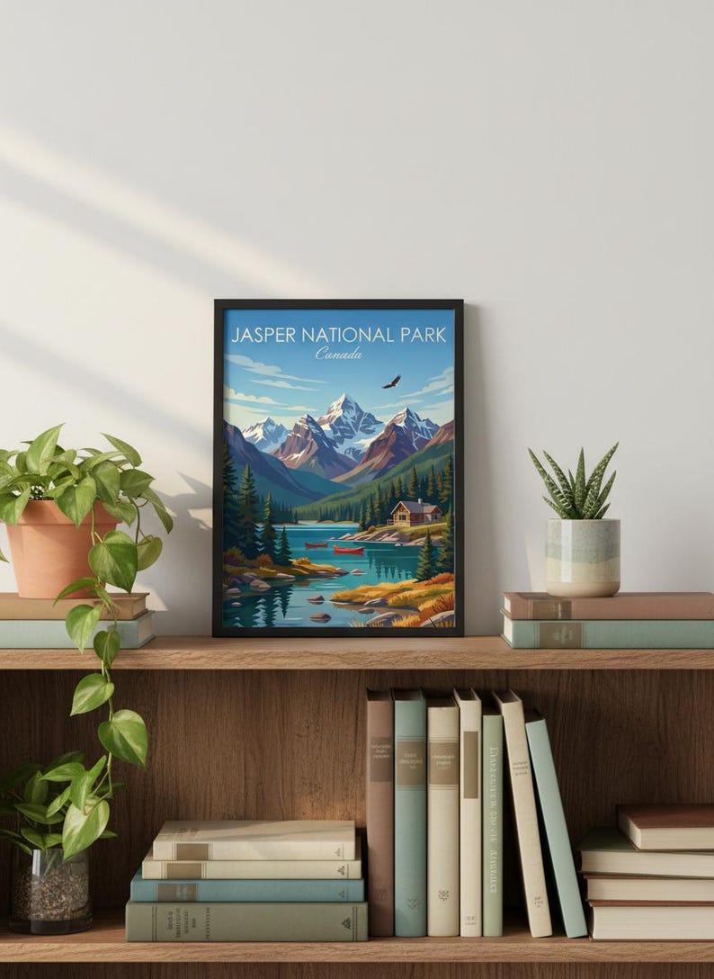 May include: A framed art print of Jasper National Park in Canada. The artwork depicts a serene lake scene with mountains, trees, and a small cabin. The sky is blue with a soaring bird. The print is displayed on a wooden shelf with books and plants.
