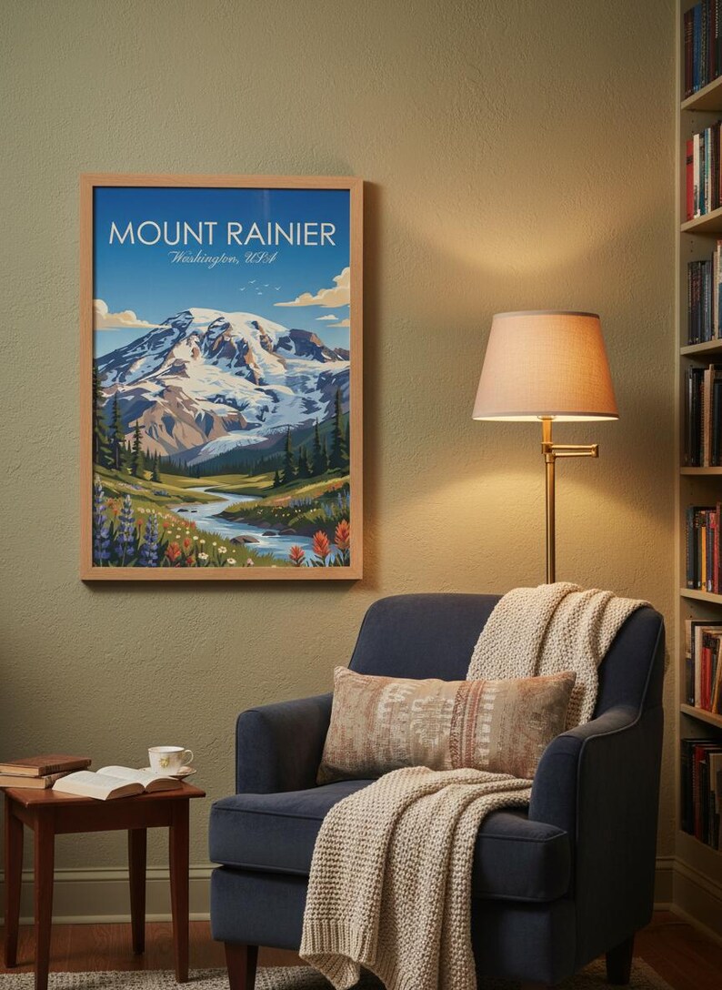 May include: A framed print of Mount Rainier in Washington, USA, hangs on a green wall. The artwork depicts a mountain landscape with a river, flowers, and a blue sky. A blue armchair with a throw blanket and pillow sits below the print.