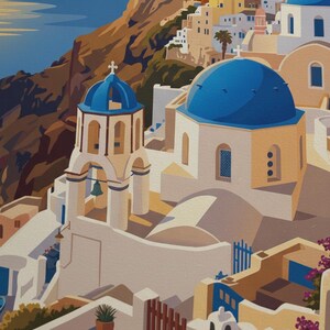 Puede incluir: Una pintura vibrante de un pueblo costero griego con edificios blancos, c&uacute;pulas azules y un mar azul. La obra de arte representa un pueblo en la ladera con iglesias y campanarios. La paleta de colores incluye tonos de azul, blanco, beige y marr&oacute;n.