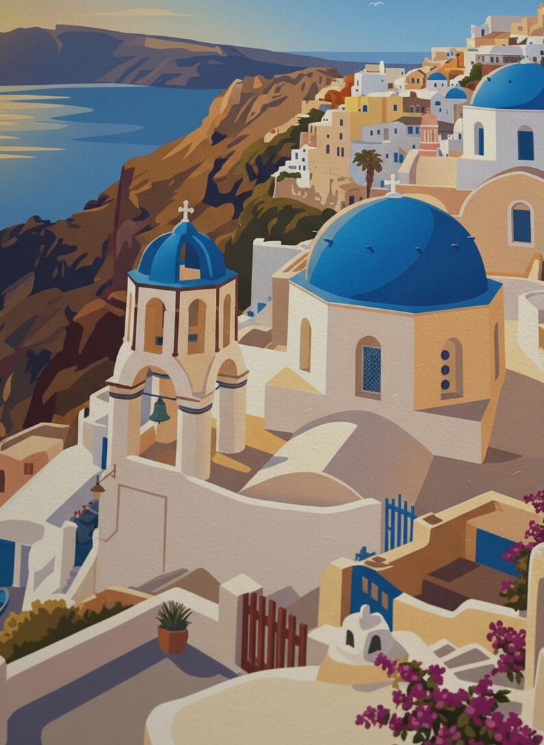 Puede incluir: Una pintura vibrante de un pueblo costero griego con edificios blancos, c&uacute;pulas azules y un mar azul. La obra de arte representa un pueblo en la ladera con iglesias y campanarios. La paleta de colores incluye tonos de azul, blanco, beige y marr&oacute;n.