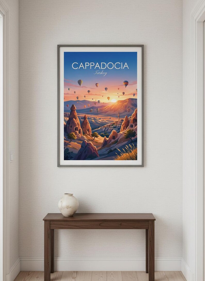 May include: Framed art print of Cappadocia, Turkey, featuring hot air balloons at sunrise. The artwork displays a vibrant landscape with unique rock formations, a town, and a colorful sky. The print is in a gray frame.