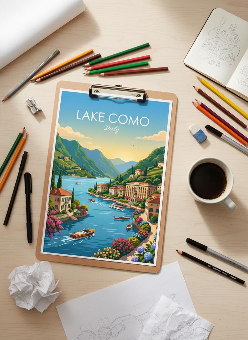 May include: A clipboard shows a vibrant illustration of Lake Como, Italy, with boats on the water and buildings along the shore. Pencils, pens, and a coffee cup are arranged around the clipboard on a wooden surface. The text "LAKE COMO Italy" is visible.