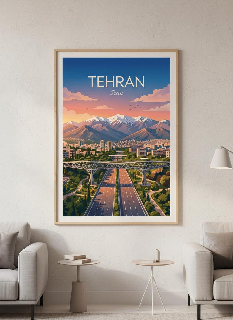 May include: A framed art print of Tehran, Iran. The image features a highway, city buildings, and mountains under a blue sky with the text "TEHRAN Iran". The artwork has a warm color palette.