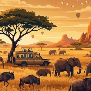 May include: A digital illustration of an African savanna landscape featuring a tan safari vehicle parked under an acacia tree. The scene includes several elephants and wildebeests grazing in tall grass, with hot air balloons and birds in the sky.