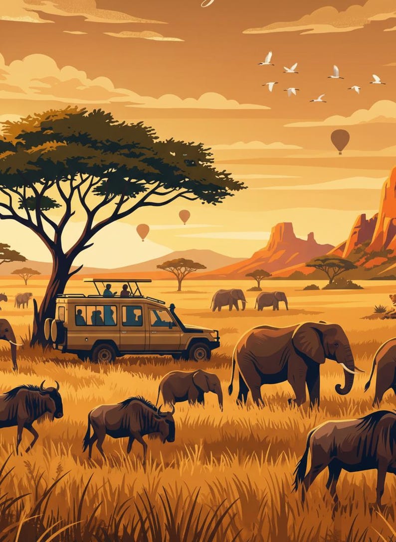 May include: A digital illustration of an African savanna landscape featuring a tan safari vehicle parked under an acacia tree. The scene includes several elephants and wildebeests grazing in tall grass, with hot air balloons and birds in the sky.