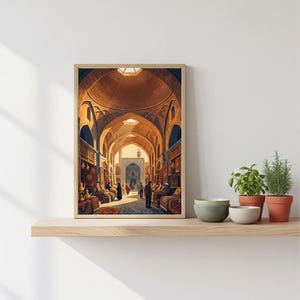 K&ouml;nnte beinhalten: Gerahmter Kunstdruck eines gew&ouml;lbten Marktplatzes mit Menschen und Gesch&auml;ften. Das Kunstwerk zeigt warme Braun- und Goldt&ouml;ne, mit Sonnenlicht, das durch die gew&ouml;lbte Decke scheint. Die Szene zeigt einen gesch&auml;ftigen Basar.