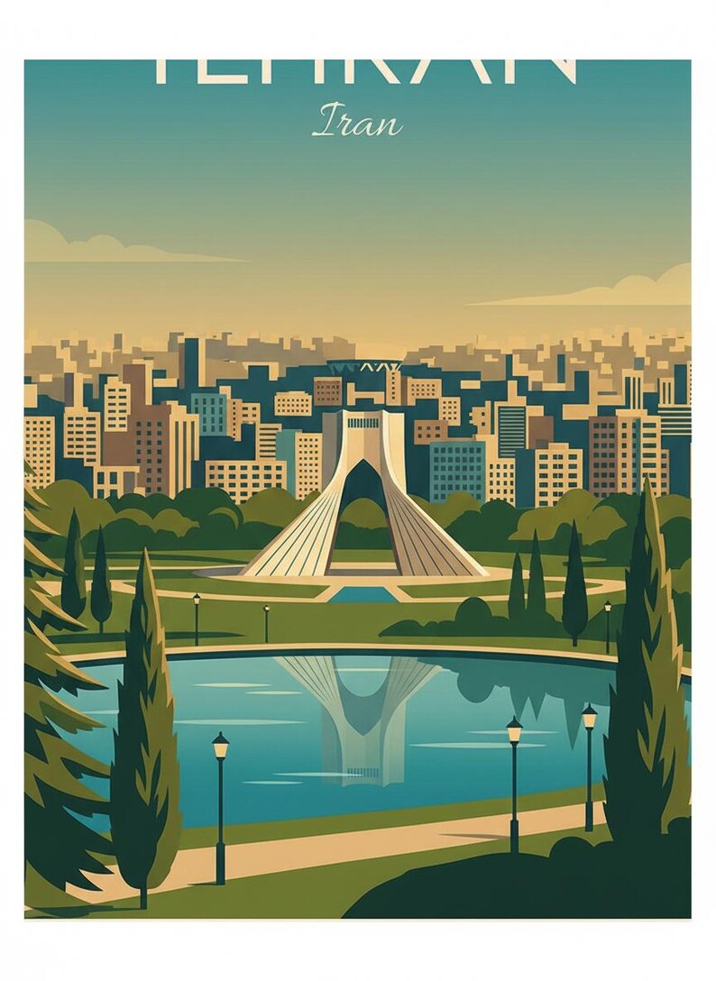 K&ouml;nnte beinhalten: Ein stilisierter Reise-Poster von Teheran, Iran, mit dem Azadi-Turm, der sich in einem See spiegelt. Das Bild hat eine Retro-&Auml;sthetik mit einer Farbpalette aus T&uuml;rkis und Beige und zeigt die Skyline der Stadt und den umliegenden Park.