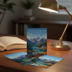 May include: Three postcards featuring a scenic illustration of Jasper National Park in Canada. The artwork depicts a mountain range, lake, and a small cabin. The text "JASPER NATIONAL PARK Canada" is printed at the top of each postcard. A gold desk lamp and an open book are also visible.