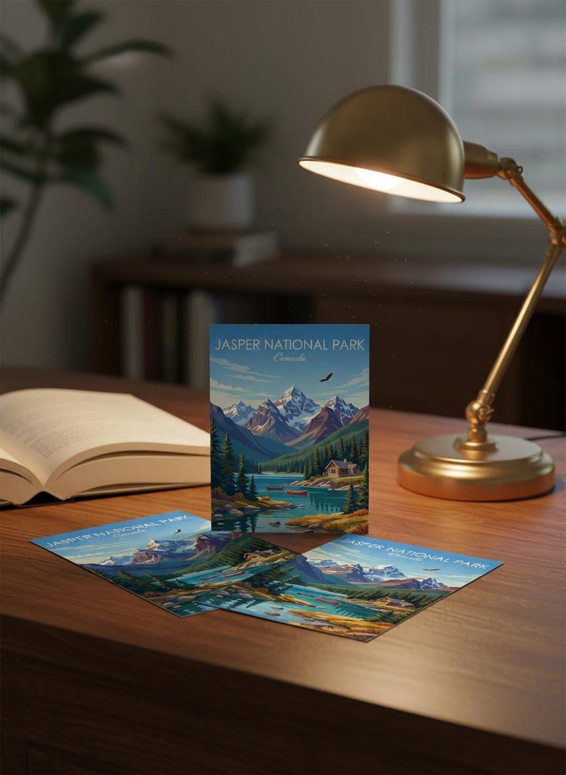 May include: Three postcards featuring a scenic illustration of Jasper National Park in Canada. The artwork depicts a mountain range, lake, and a small cabin. The text "JASPER NATIONAL PARK Canada" is printed at the top of each postcard. A gold desk lamp and an open book are also visible.