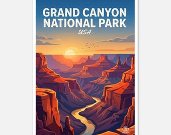 May include: A poster featuring a stylized illustration of the Grand Canyon National Park in the USA. The image shows a sunset over the canyon, with the text "GRAND CANYON NATIONAL PARK USA" at the top. The canyon is depicted in shades of red, orange, and purple.