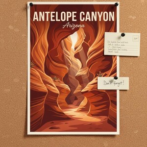 May include: A poster of Antelope Canyon in Arizona, featuring a stylized illustration of the canyon's rock formations in shades of orange and brown. The poster is pinned to a corkboard with two small notes.